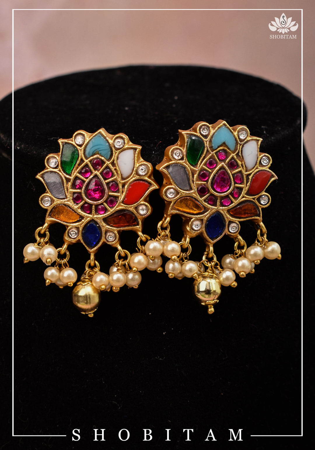 Navratna Jadau Blooming Lotus Design Necklace Set | Shobitam Jewelry