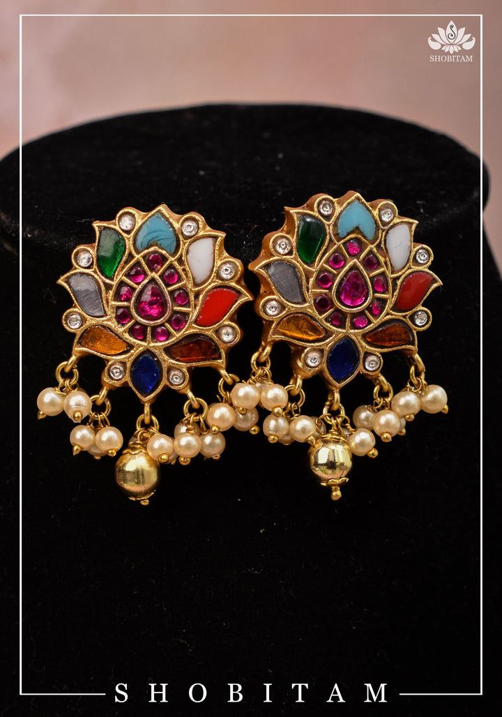 Navratna Jadau Blooming Lotus Design Necklace Set | Shobitam Jewelry