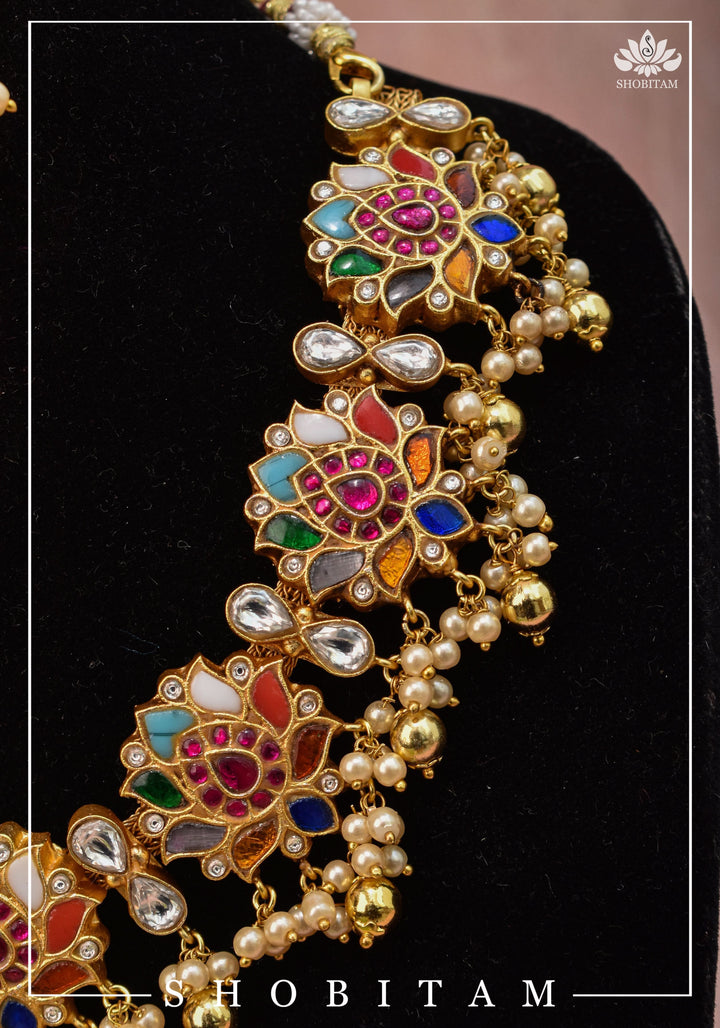 Navratna Jadau Blooming Lotus Design Necklace Set | Shobitam Jewelry