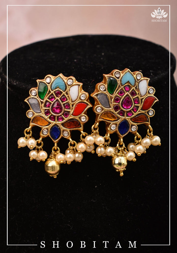 Navratna Jadau Blooming Lotus Design Necklace Set | Shobitam Jewelry