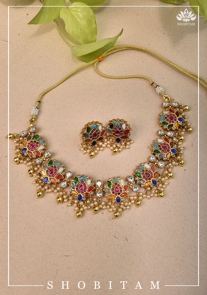 Navratna Jadau Blooming Lotus Design Necklace Set | Shobitam Jewelry