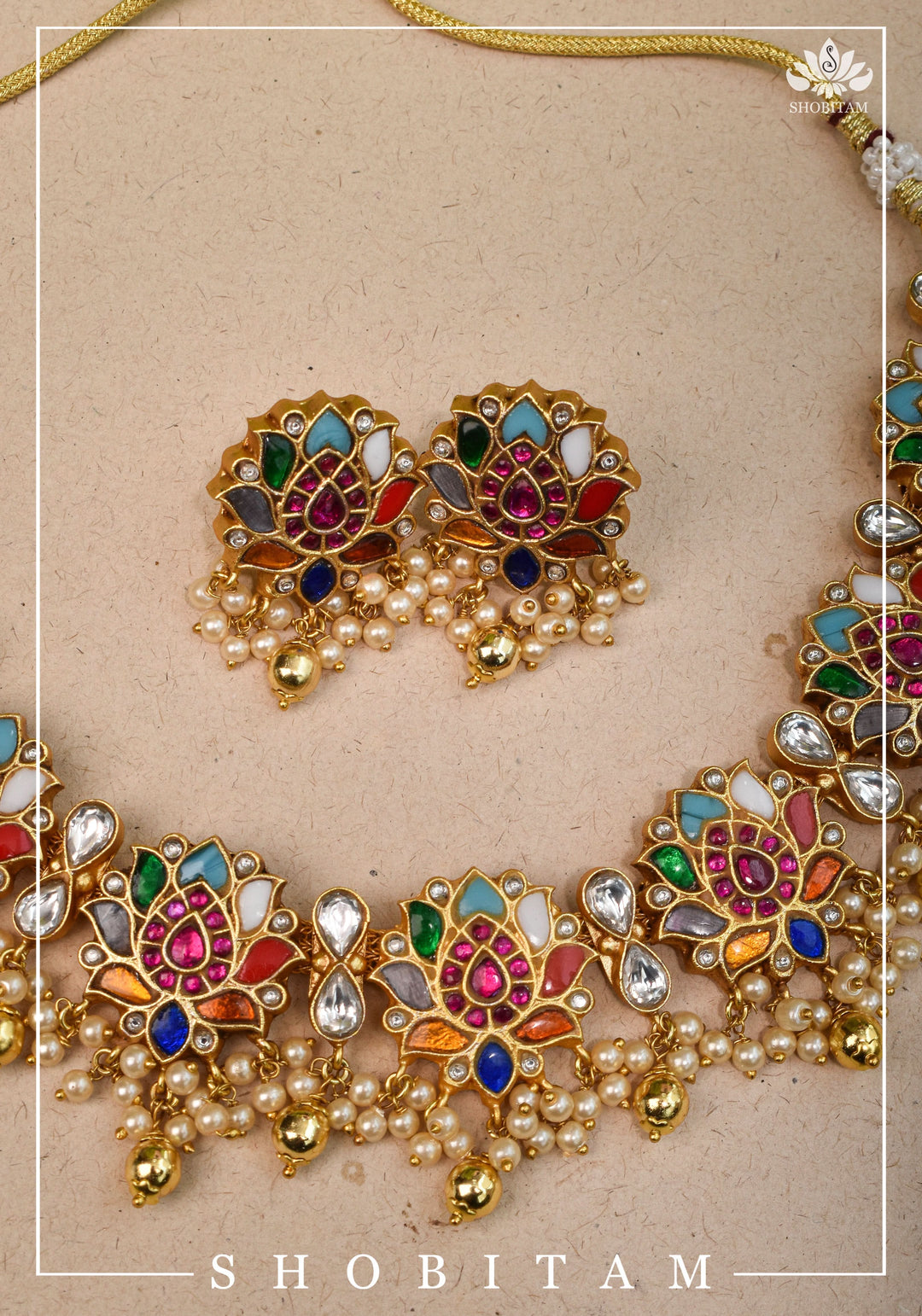 Navratna Jadau Blooming Lotus Design Necklace Set | Shobitam Jewelry