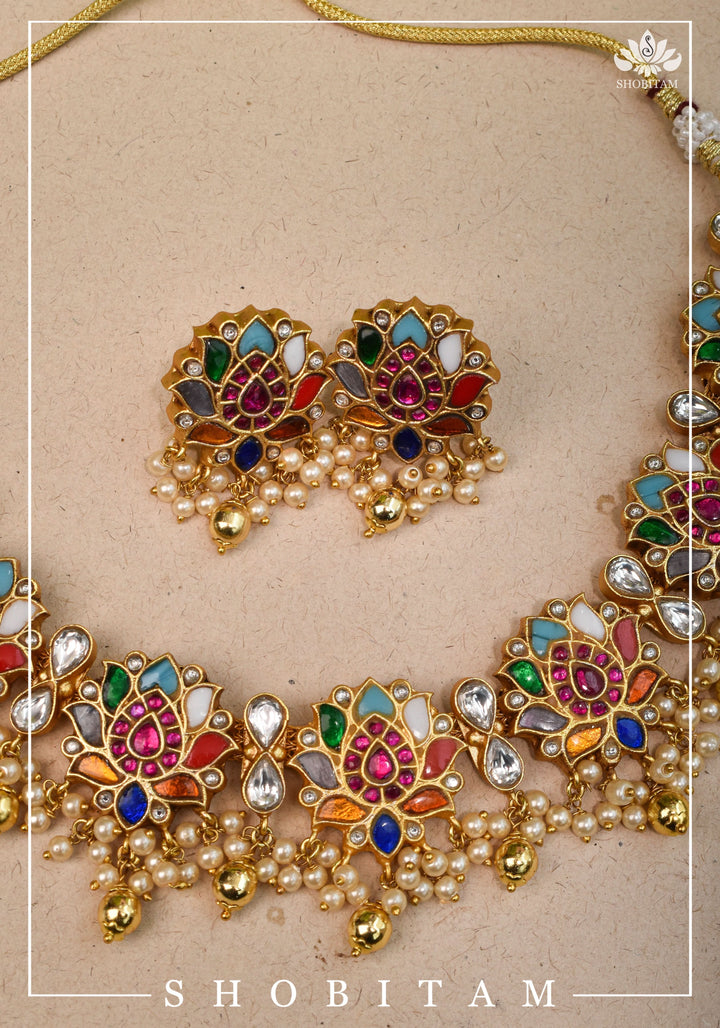 Navratna Jadau Blooming Lotus Design Necklace Set | Shobitam Jewelry