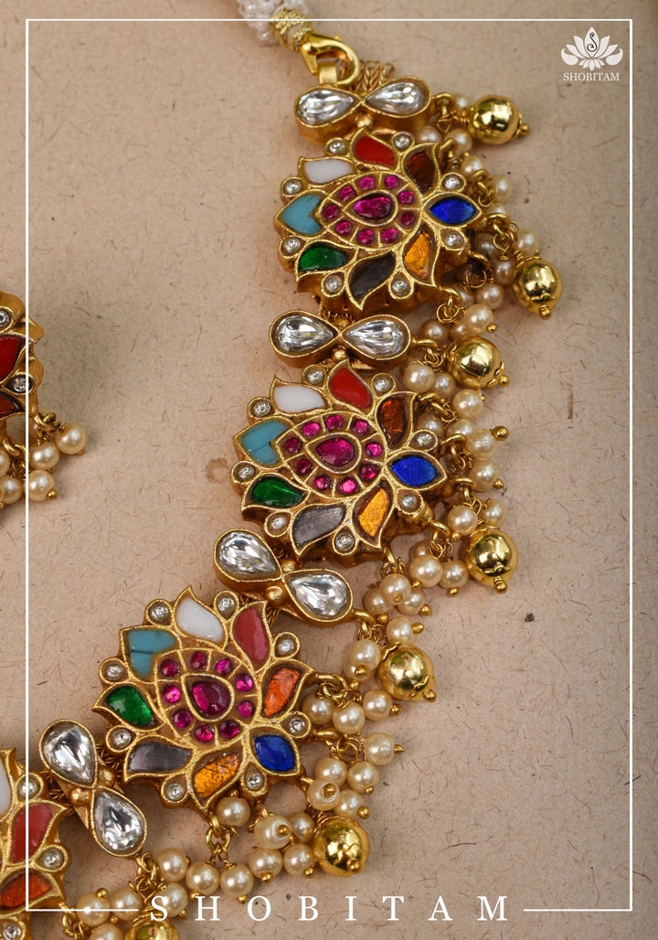 Navratna Jadau Blooming Lotus Design Necklace Set | Shobitam Jewelry
