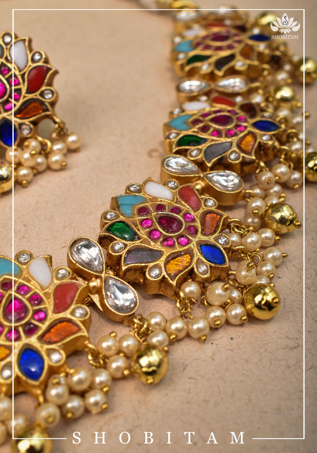 Navratna Jadau Blooming Lotus Design Necklace Set | Shobitam Jewelry