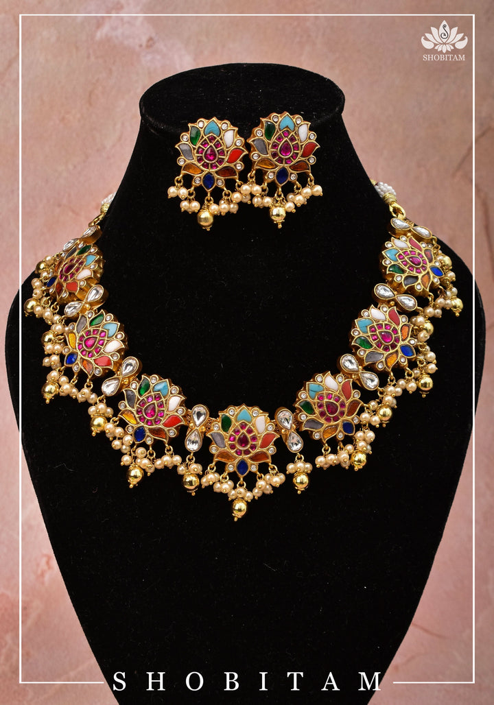 Navratna Jadau Blooming Lotus Design Necklace Set | Shobitam Jewelry