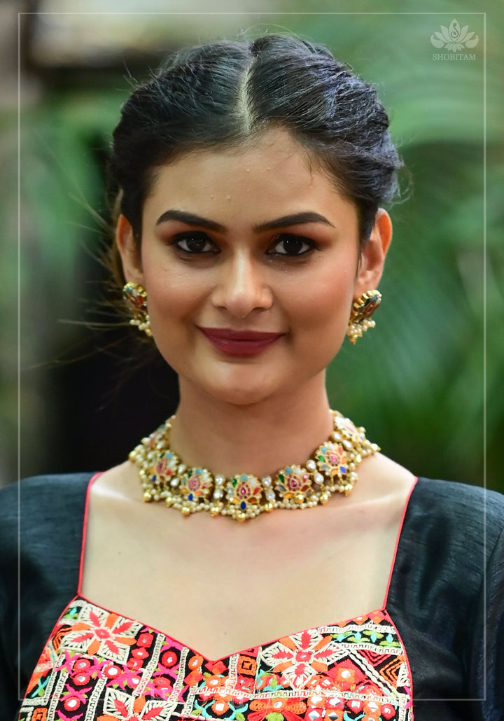 Navratna Jadau Blooming Lotus Design Necklace Set | Shobitam Jewelry
