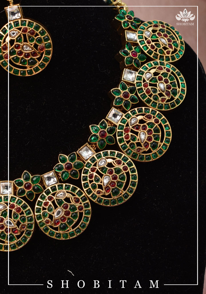 Heritage Bloom and Peacock in Mandala Kemp Stone Necklace and Earring Set
