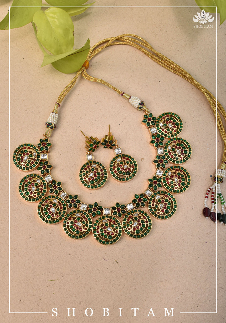 Heritage Bloom and Peacock in Mandala Kemp Stone Necklace and Earring Set