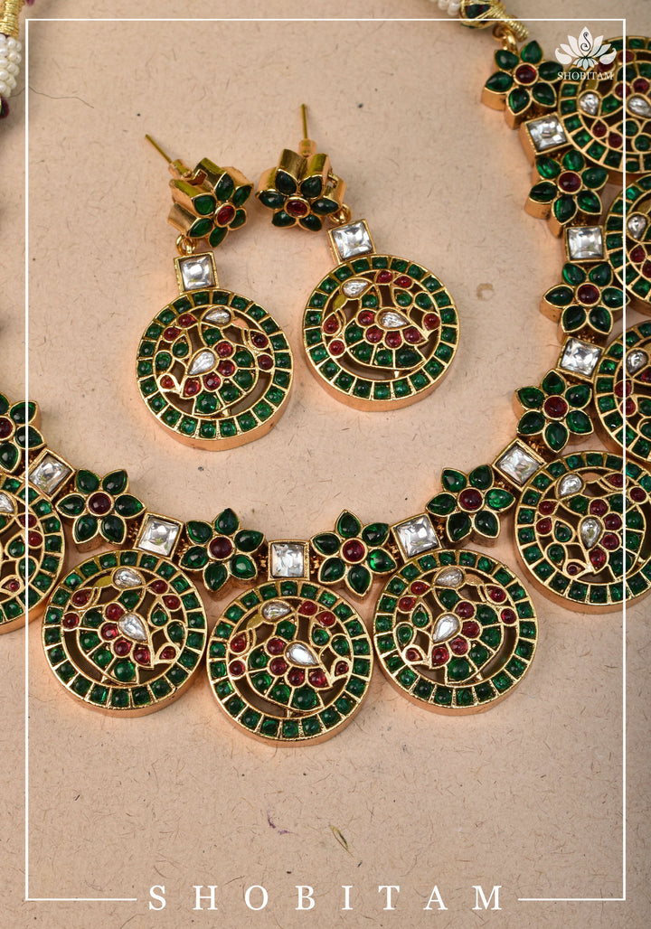 Heritage Bloom and Peacock in Mandala Kemp Stone Necklace and Earring Set