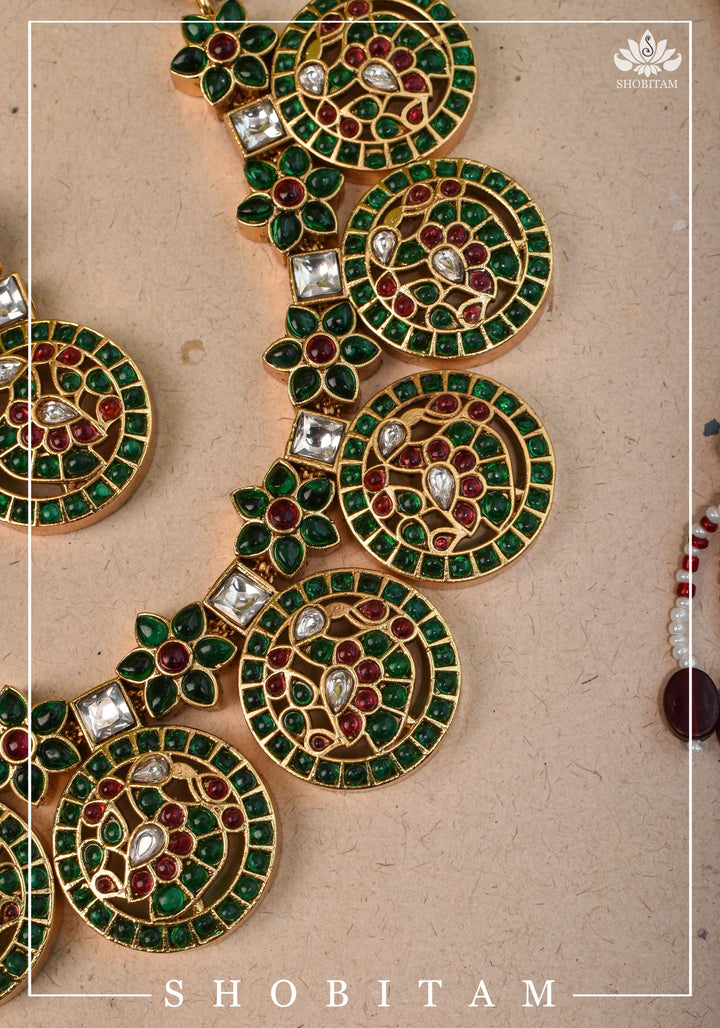 Heritage Bloom and Peacock in Mandala Kemp Stone Necklace and Earring Set