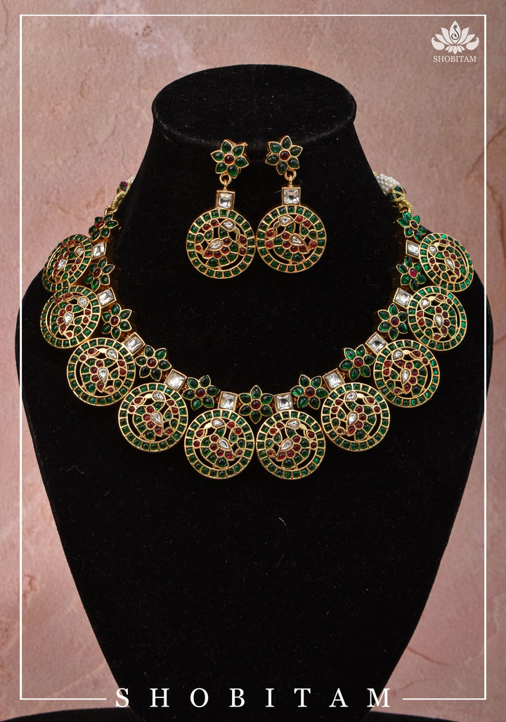 Heritage Bloom and Peacock in Mandala Kemp Stone Necklace and Earring Set