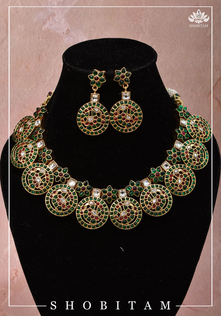 Heritage Bloom and Peacock in Mandala Kemp Stone Necklace and Earring Set