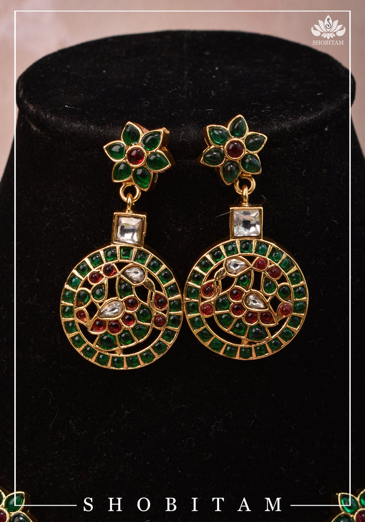 Heritage Bloom and Peacock in Mandala Kemp Stone Necklace and Earring Set