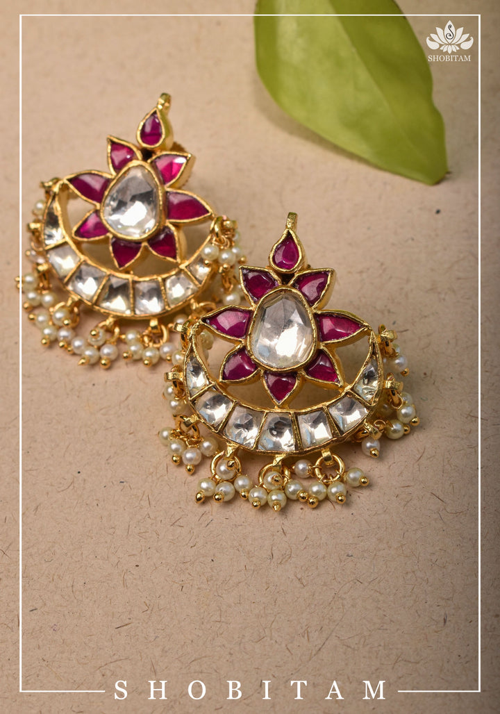 Floral Crescent shaped Kundan earrings with dangling Pearls