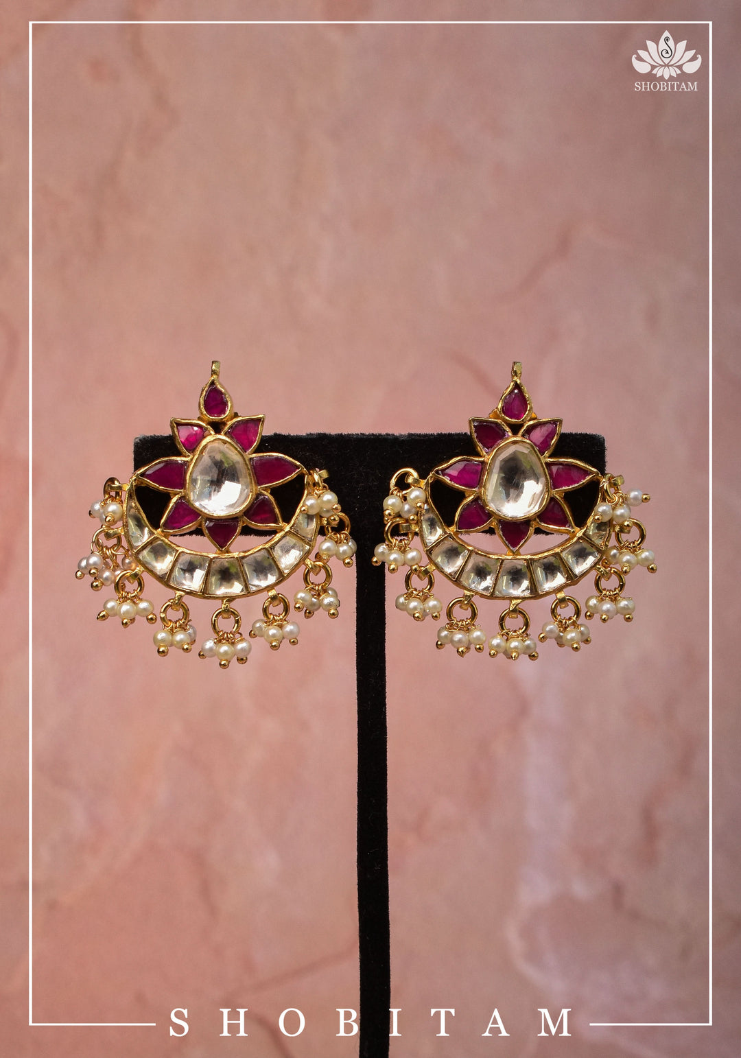 Floral Crescent shaped Kundan earrings with dangling Pearls