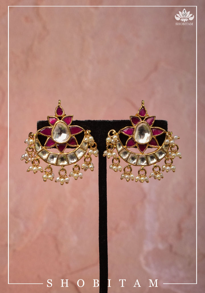 Floral Crescent shaped Kundan earrings with dangling Pearls