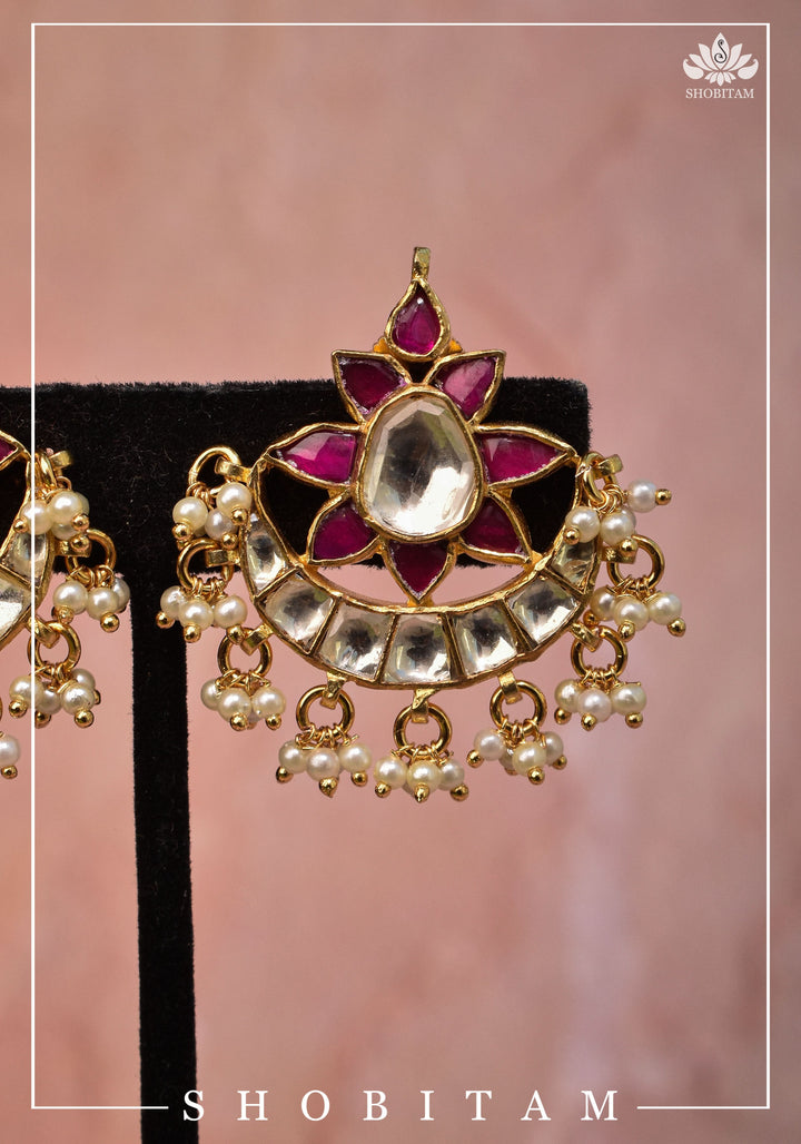 Floral Crescent shaped Kundan earrings with dangling Pearls