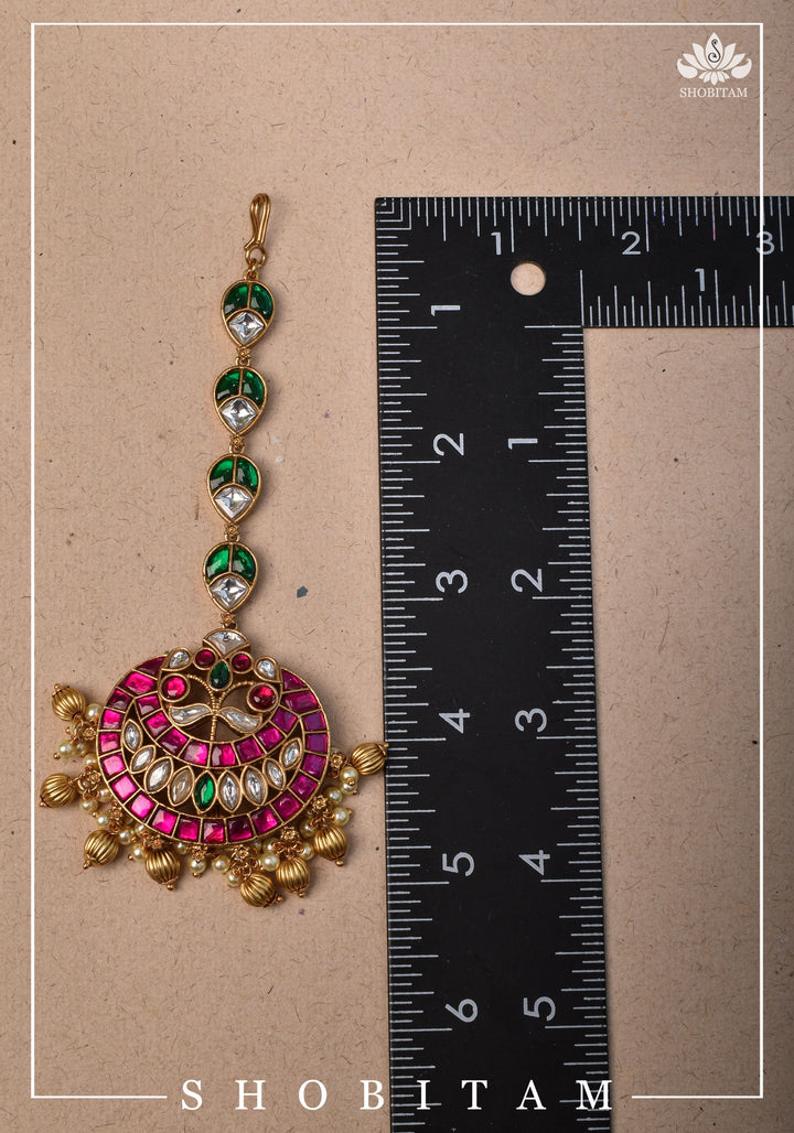 Maang Tika - Chand and Floral Design Ahmedabadi Kundan Jadau Hair Ornament | Shobitam Jewelry