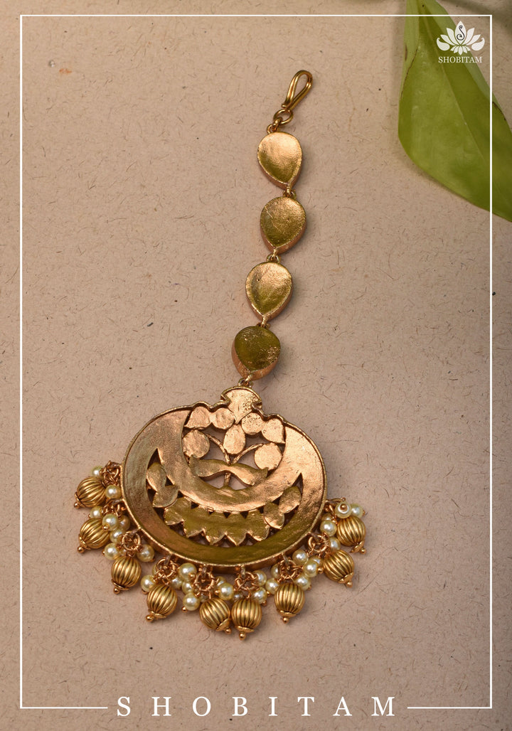 Maang Tika - Chand and Floral Design Ahmedabadi Kundan Jadau Hair Ornament | Shobitam Jewelry
