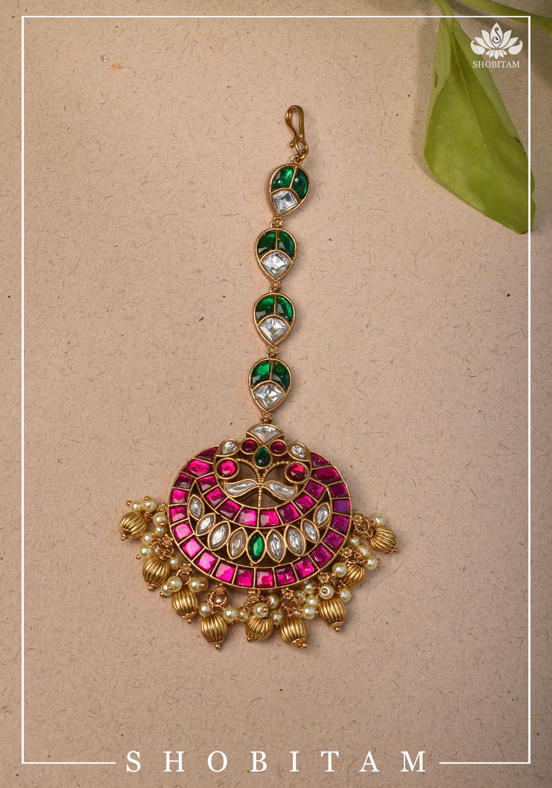 Maang Tika - Chand and Floral Design Ahmedabadi Kundan Jadau Hair Ornament | Shobitam Jewelry