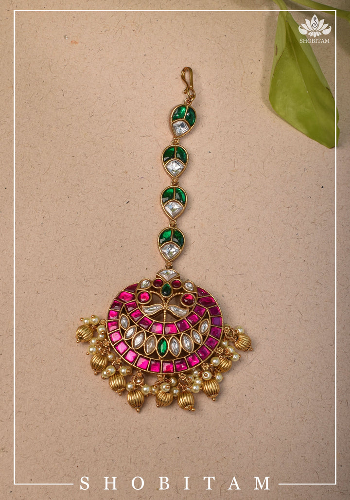 Maang Tika - Chand and Floral Design Ahmedabadi Kundan Jadau Hair Ornament | Shobitam Jewelry