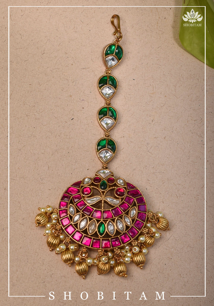 Maang Tika - Chand and Floral Design Ahmedabadi Kundan Jadau Hair Ornament | Shobitam Jewelry