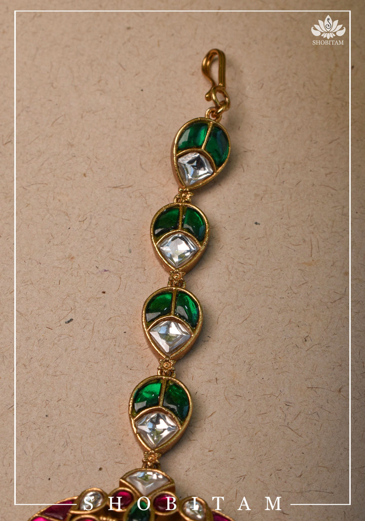 Maang Tika - Chand and Floral Design Ahmedabadi Kundan Jadau Hair Ornament | Shobitam Jewelry