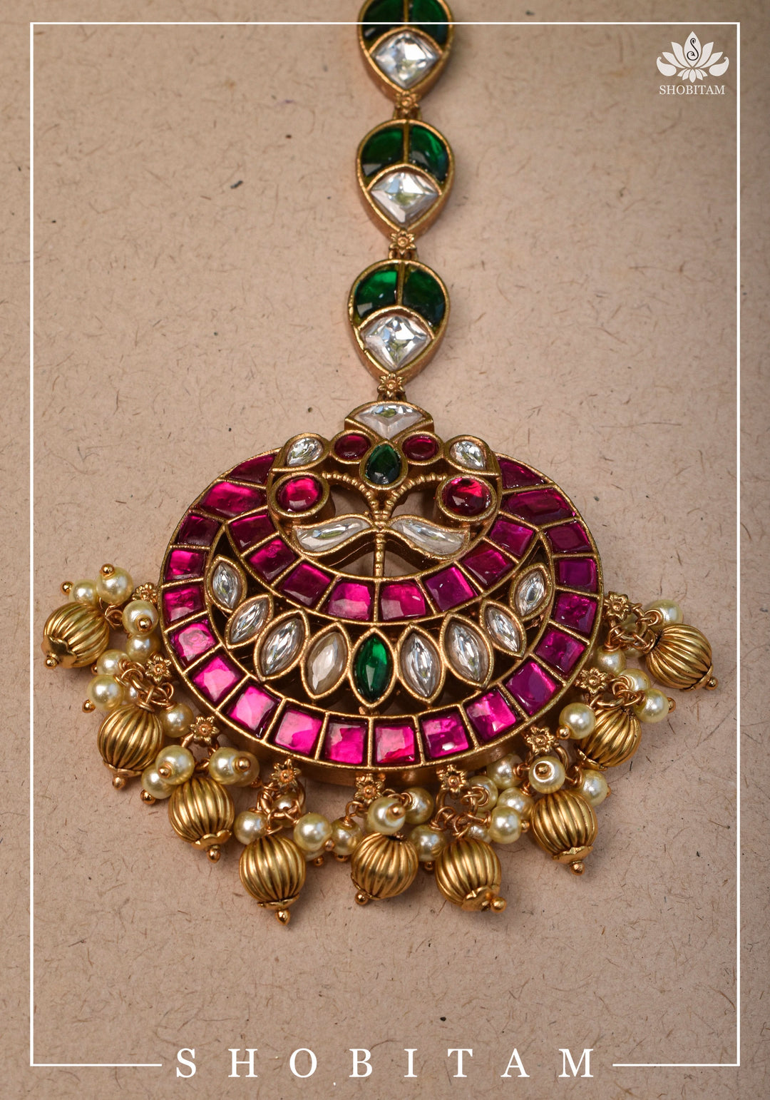 Maang Tika - Chand and Floral Design Ahmedabadi Kundan Jadau Hair Ornament | Shobitam Jewelry