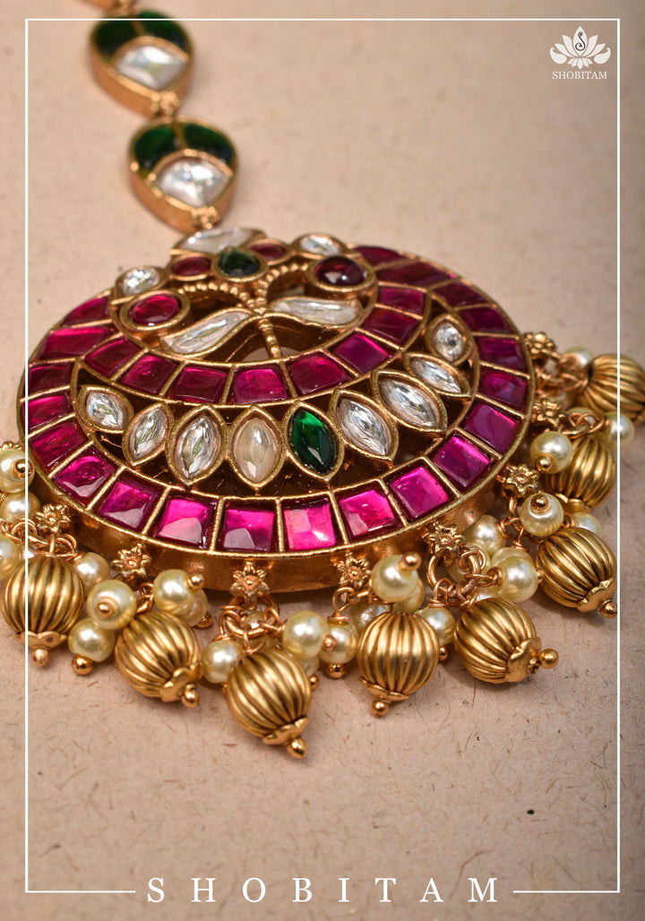 Maang Tika - Chand and Floral Design Ahmedabadi Kundan Jadau Hair Ornament | Shobitam Jewelry