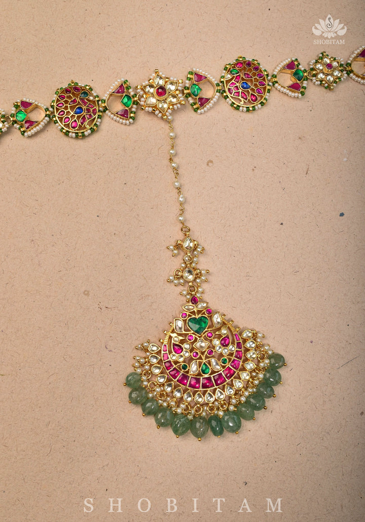 Maang Tika with Sheeshphool Chand Design Ahmedabadi Kundan Jadau and dangling Beads
