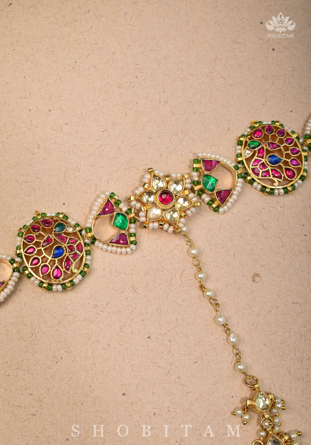 Maang Tika with Sheeshphool Chand Design Ahmedabadi Kundan Jadau and dangling Beads