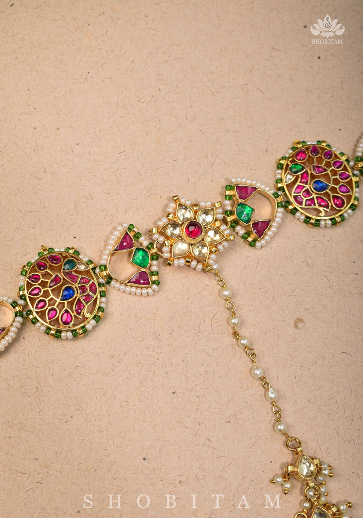 Maang Tika with Sheeshphool Chand Design Ahmedabadi Kundan Jadau and dangling Beads