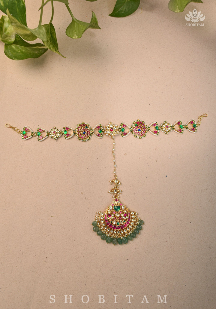 Maang Tika with Sheeshphool Chand Design Ahmedabadi Kundan Jadau and dangling Beads