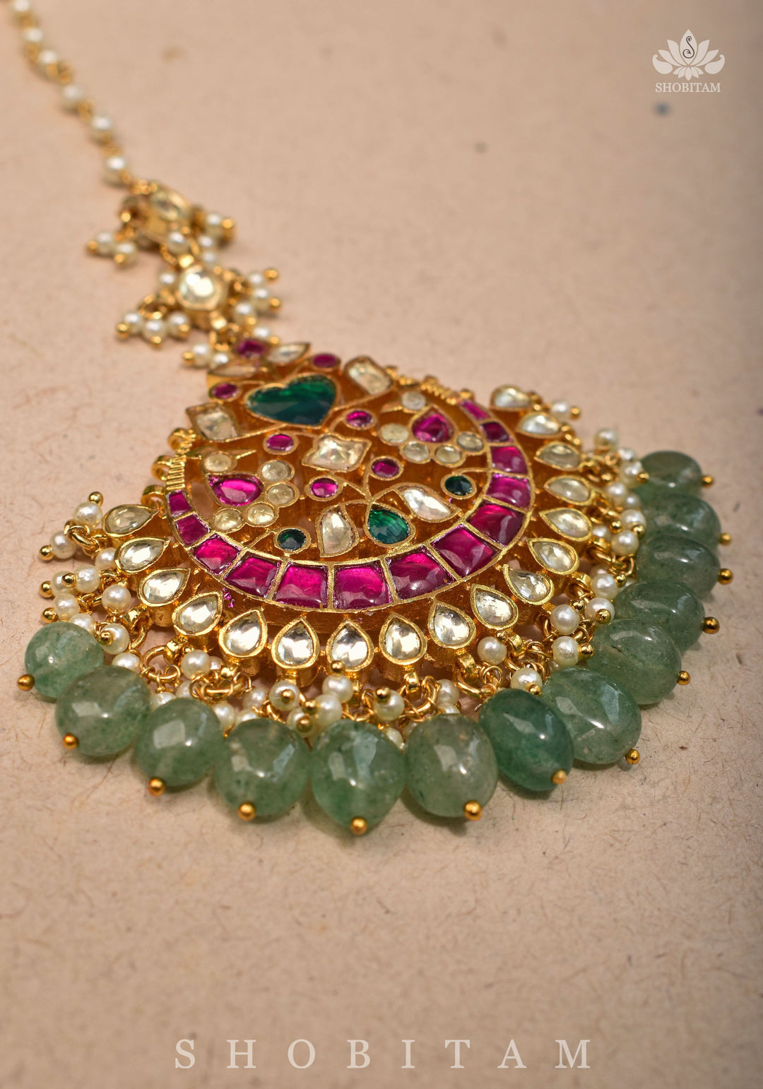 Maang Tika with Sheeshphool Chand Design Ahmedabadi Kundan Jadau and dangling Beads