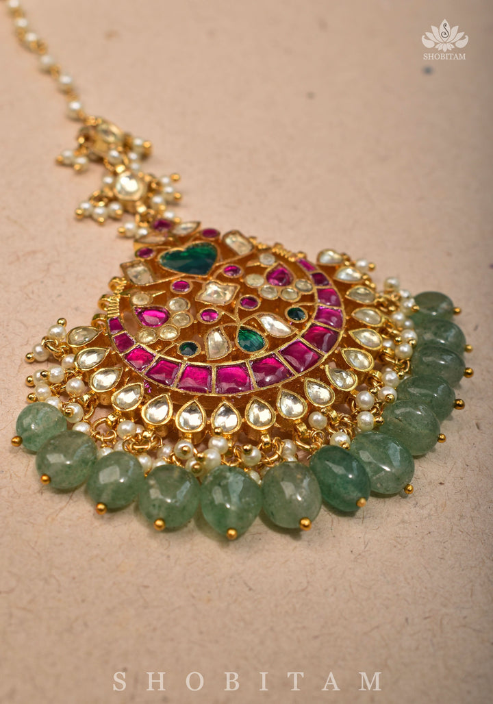 Maang Tika with Sheeshphool Chand Design Ahmedabadi Kundan Jadau and dangling Beads