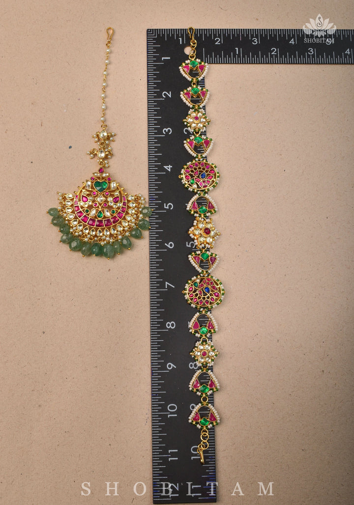 Maang Tika with Sheeshphool Chand Design Ahmedabadi Kundan Jadau and dangling Beads