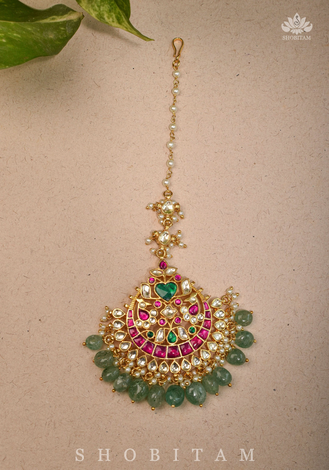 Maang Tika with Sheeshphool Chand Design Ahmedabadi Kundan Jadau and dangling Beads