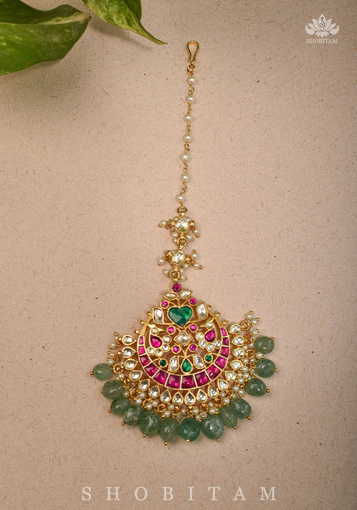 Maang Tika with Sheeshphool Chand Design Ahmedabadi Kundan Jadau and dangling Beads