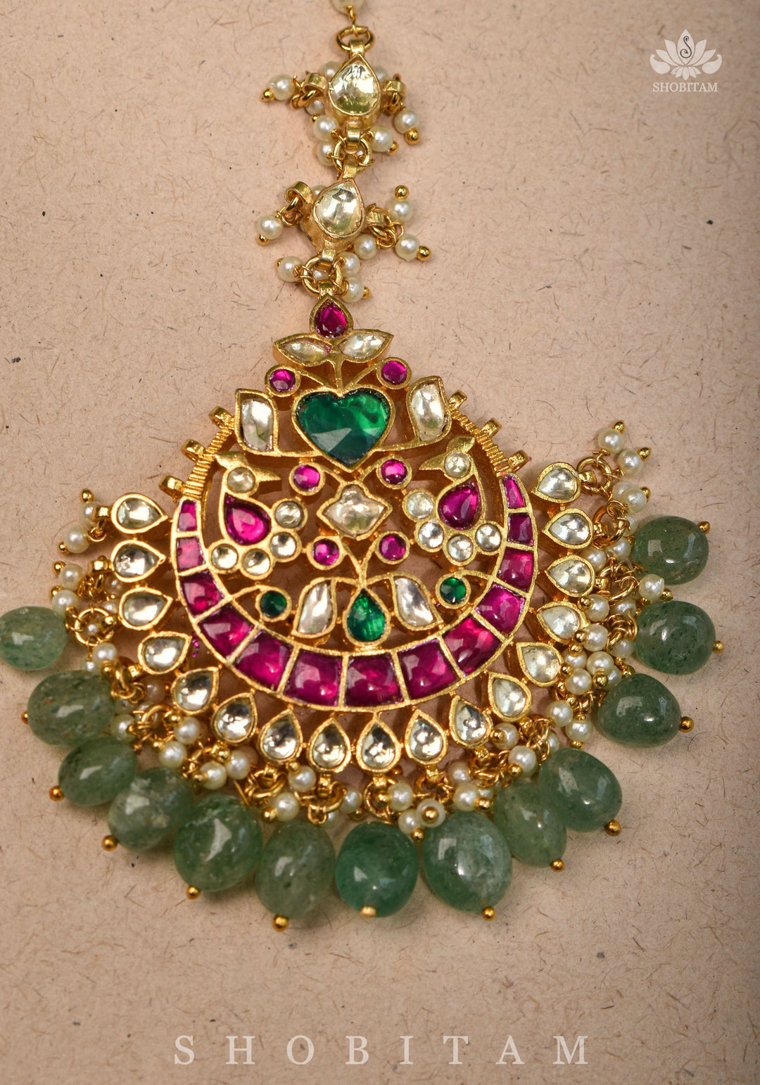 Maang Tika with Sheeshphool Chand Design Ahmedabadi Kundan Jadau and dangling Beads