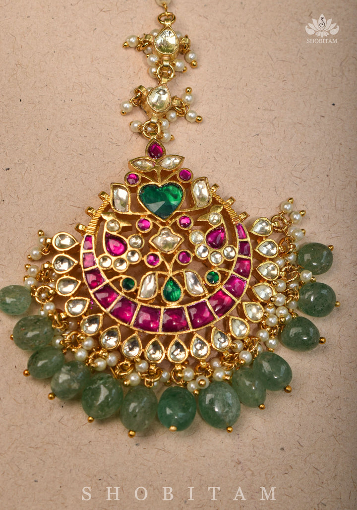 Maang Tika with Sheeshphool Chand Design Ahmedabadi Kundan Jadau and dangling Beads