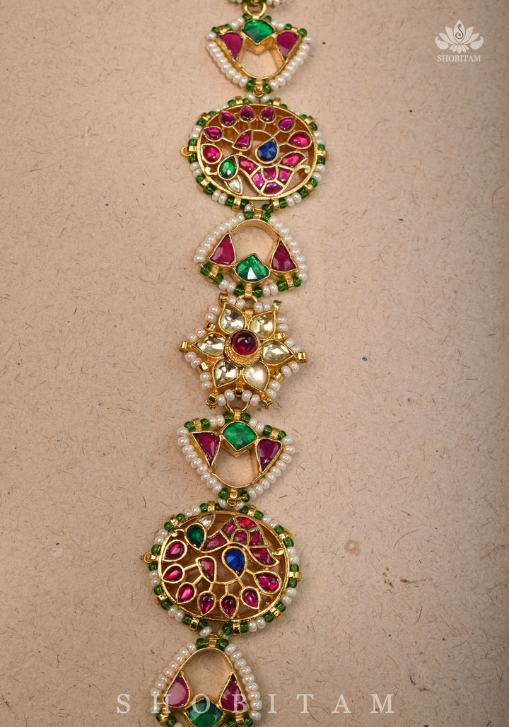 Maang Tika with Sheeshphool Chand Design Ahmedabadi Kundan Jadau and dangling Beads