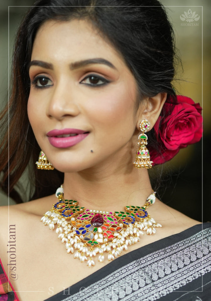 Exquisite Navaratna Vintage Design Necklace with dangling Rice Pearls, NECKLACE ONLY