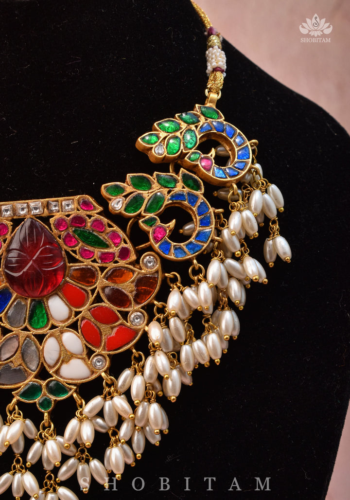 Exquisite Navaratna Vintage Design Necklace with dangling Rice Pearls, NECKLACE ONLY