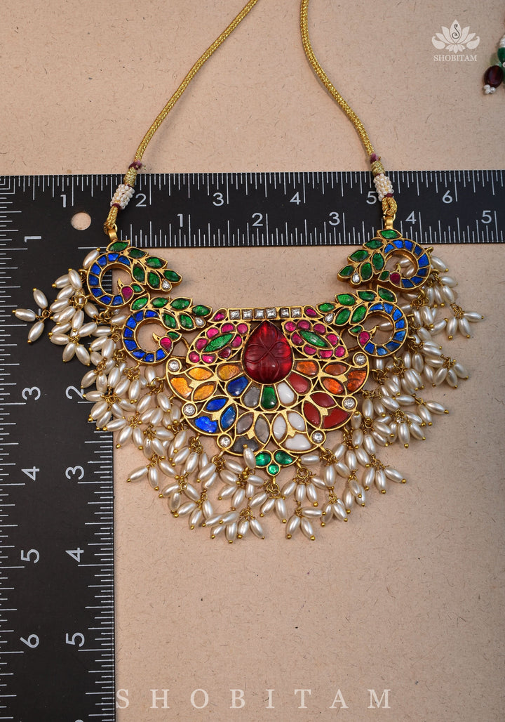 Exquisite Navaratna Vintage Design Necklace with dangling Rice Pearls, NECKLACE ONLY