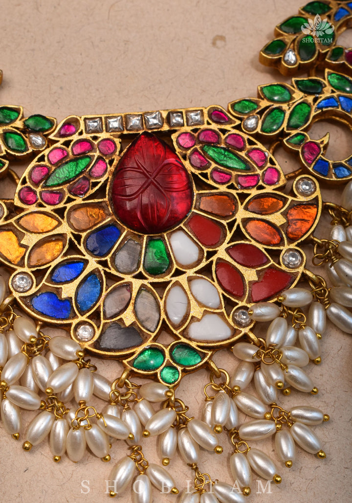 Exquisite Navaratna Vintage Design Necklace with dangling Rice Pearls, NECKLACE ONLY