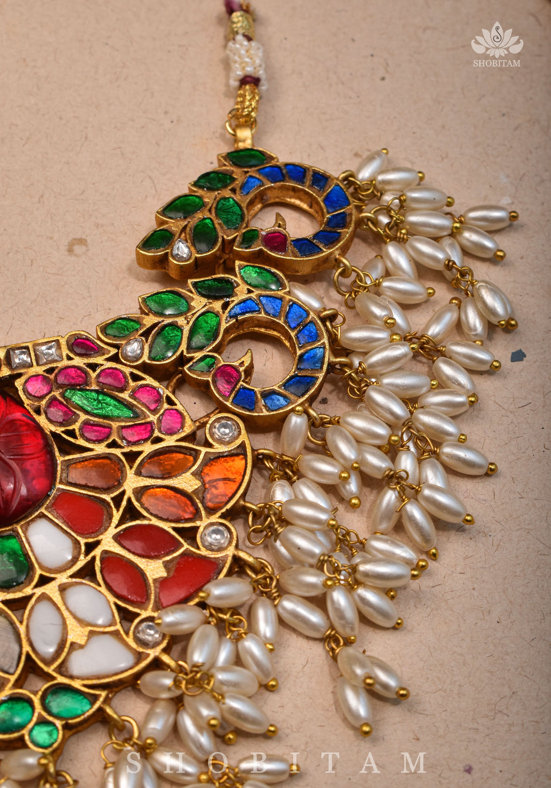 Exquisite Navaratna Vintage Design Necklace with dangling Rice Pearls, NECKLACE ONLY