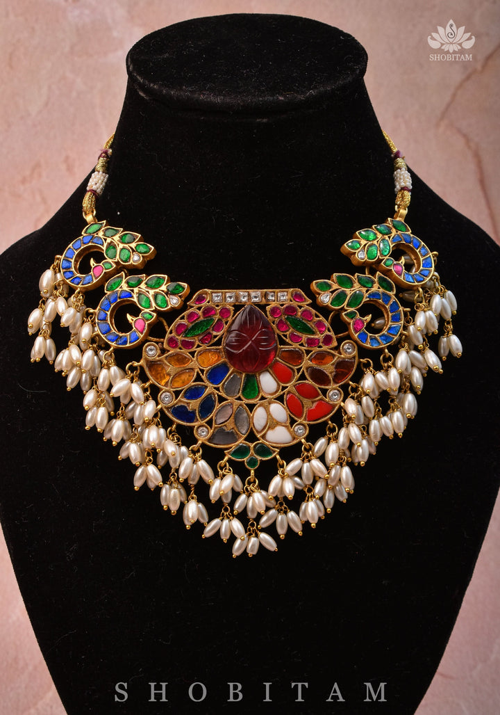 Exquisite Navaratna Vintage Design Necklace with dangling Rice Pearls, NECKLACE ONLY