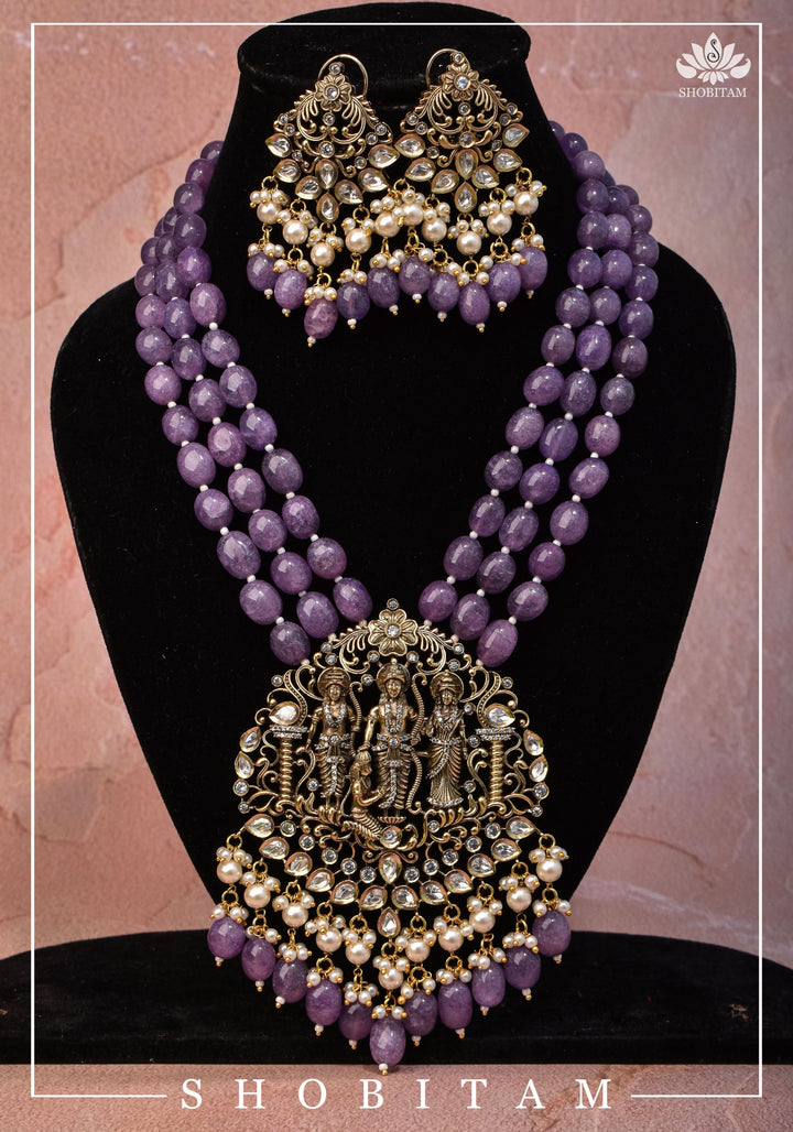 3" Strand Ram Darbar Design, Victorian Finish Embellished Haar and Matching earrings Set | Shobitam Jewelry