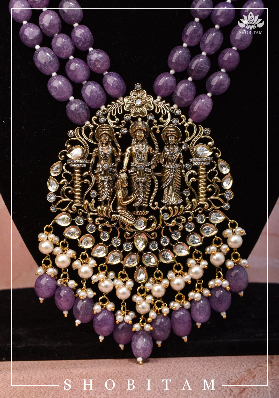 3" Strand Ram Darbar Design, Victorian Finish Embellished Haar and Matching earrings Set | Shobitam Jewelry